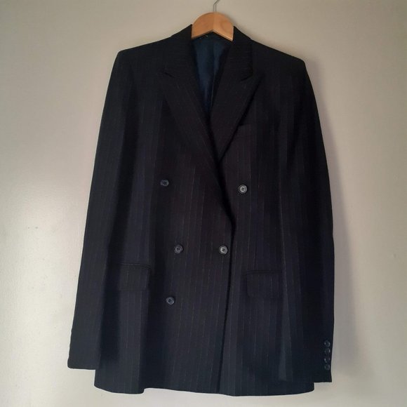 4500cad YSL Pinstripe double breasted navy Blue pure fine wool CEO blazer MEDIUM - Picture 2 of 11